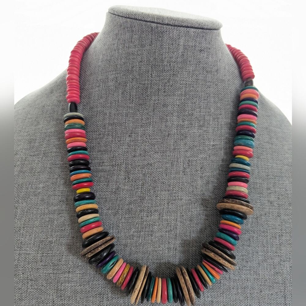 Vintage Bohemian Artsy Style Art To Wear Rainbow Wood Beaded Necklace